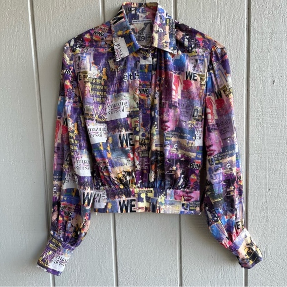 Printed Artworks Organic Cotton‎ Collage Flamee Purple Print Cropped Blouse XS